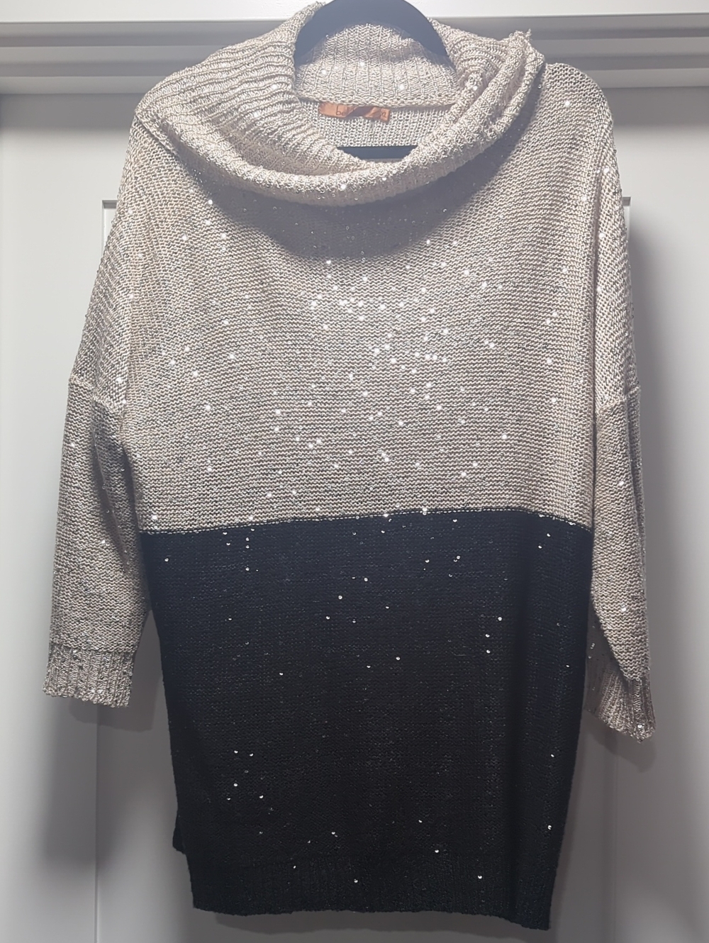 Belldini Beige and Black Sequin Colorblock Cowl Sweater